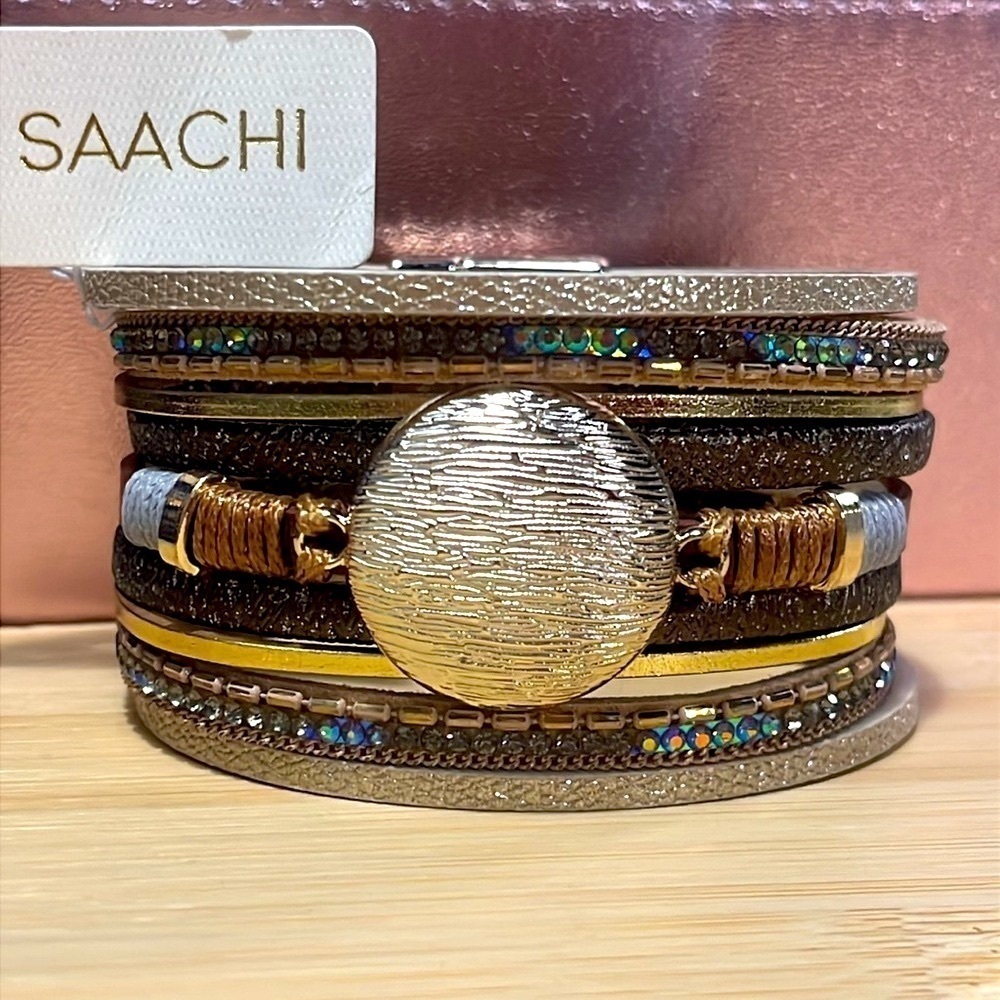Brand New Multi-Strap Beaded Vegan Leather Wrap Magnetic Clasp Metallic Bracelet